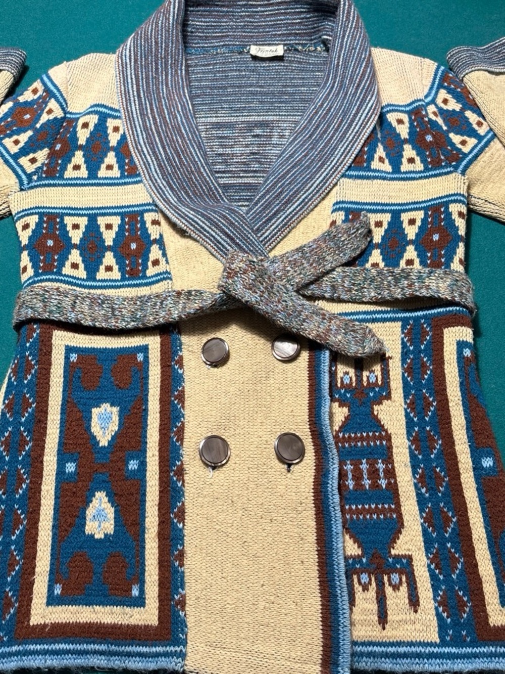 Vintage Wintuk Aztec Patterned Shawl-Collar Women's Cardigan , M , $38